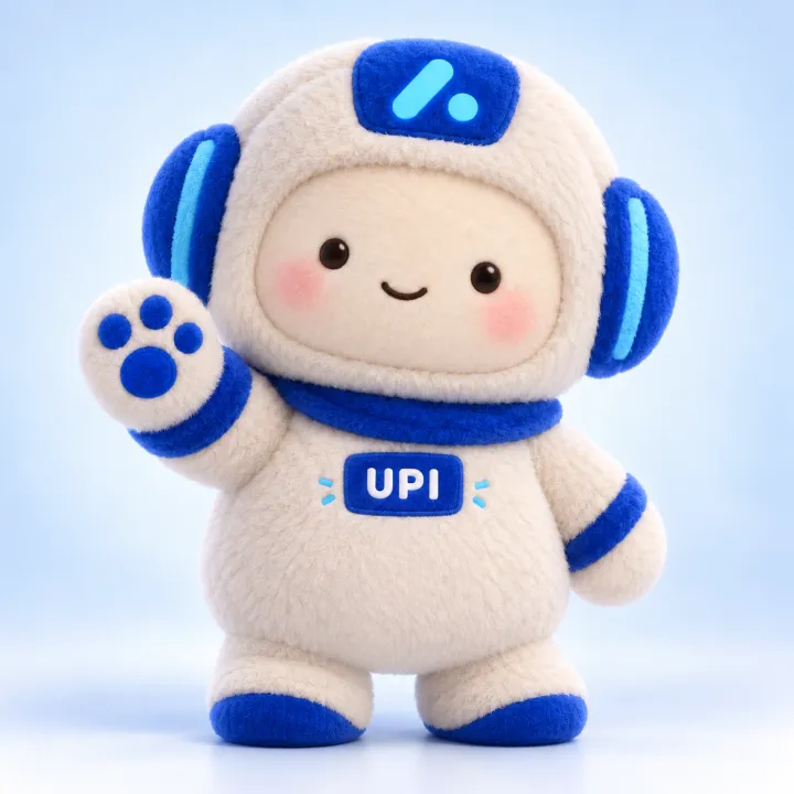 Upi, la inteligencia artificial de Upway: un astronauta de peluche blanco y azul que saluda